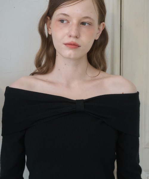 Birthday room（バースデイルーム）の「オフショルダーリボンニット/Off-shoulder ribbon knit top（ニット/セーター・レディース・ブラック/アイボリー・FREE）」の2枚目の写真