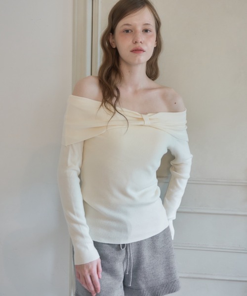 Birthday room（バースデイルーム）の「オフショルダーリボンニット/Off-shoulder ribbon knit top（ニット/セーター・レディース・ブラック/アイボリー・FREE）」の7枚目の写真