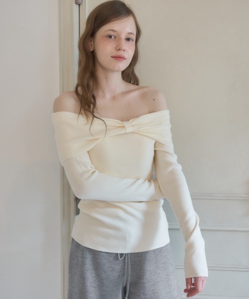 Birthday room（バースデイルーム）の「オフショルダーリボンニット/Off-shoulder ribbon knit top（ニット/セーター・レディース・ブラック/アイボリー・FREE）」の8枚目の写真