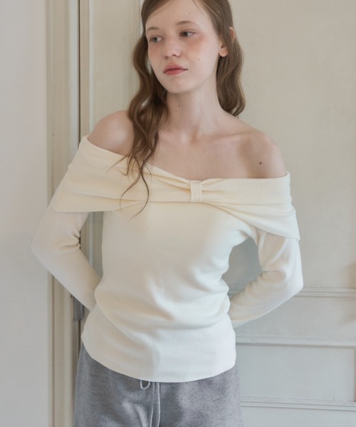 Birthday room（バースデイルーム）の「オフショルダーリボンニット/Off-shoulder ribbon knit top（ニット/セーター・レディース・ブラック/アイボリー・FREE）」の9枚目の写真