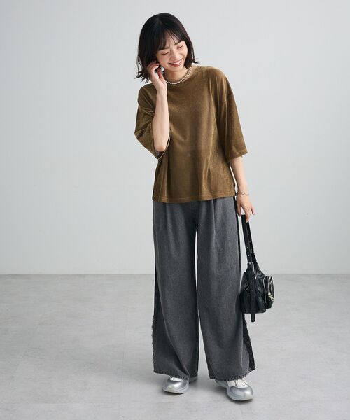 Green　Parks（グリーンパークス）の「メッシュベロア五分袖プルオーバー（Tシャツ/カットソー・レディース・ベージュ/カーキ/オレンジ・FREE）」の4枚目の写真