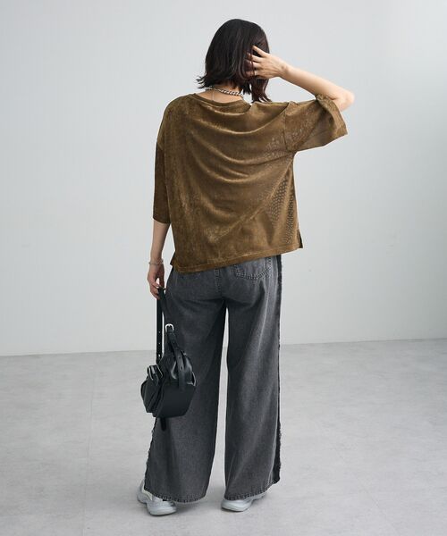 Green　Parks（グリーンパークス）の「メッシュベロア五分袖プルオーバー（Tシャツ/カットソー・レディース・ベージュ/カーキ/オレンジ・FREE）」の6枚目の写真