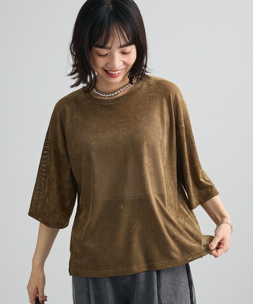 Green　Parks（グリーンパークス）の「メッシュベロア五分袖プルオーバー（Tシャツ/カットソー・レディース・ベージュ/カーキ/オレンジ・FREE）」の2枚目の写真