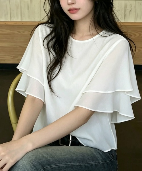 BLoomMe(ブルームミー)の「揺れるティアードフリル袖が華やかなシアーブラウス(シャツ/ブラウス・レディース・ホワイト/ブラック/ベージュ/モカ/ブルー・M)」の12枚目の写真