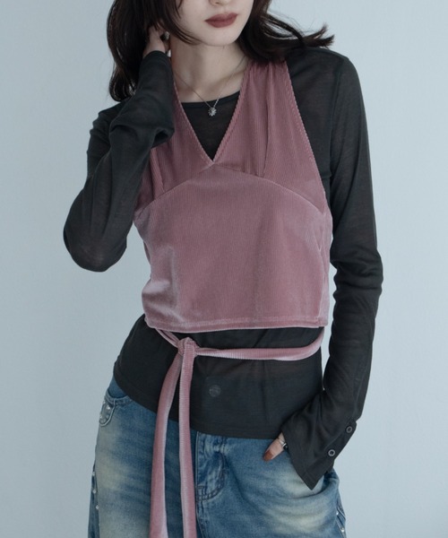 VACANCY(ヴァカンシー)の「ベロアホルターネック/クルートップスセット(Tシャツ/カットソー・レディース・グリーン/ピンク/チャコールグレー・FREE)」の1枚目の写真