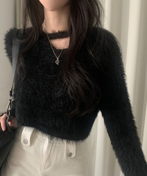 Aelina（エリナ）の「カットアウトシャギーニットクロップドトップス（ニット/セーター・レディース・ブルーグレー/ホワイト/マジェンタ/ブラック・FREE）」の11枚目の写真