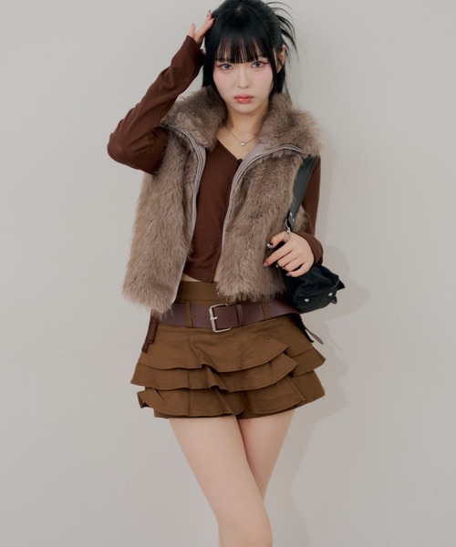 continuer de NICE CLAUP(コンティニューデナイスクラップ)の「ベルト付ティアードミニスカート(スカート・レディース・ベージュ/ブラウン/ブラック・FREE)」の9枚目の写真