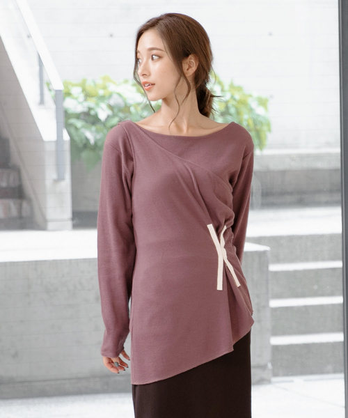 KOBE LETTUCE（コウベレタス）の「ホックデザインワンショルダータンクトップ&ロングTシャツセット【セットアップOK】（ニット/セーター・レディース・ブラック/ベージュ/パープル/グリーン・FREE）」の4枚目の写真