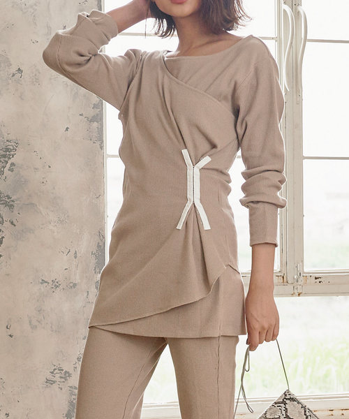 KOBE LETTUCE（コウベレタス）の「ホックデザインワンショルダータンクトップ&ロングTシャツセット【セットアップOK】（ニット/セーター・レディース・ブラック/ベージュ/パープル/グリーン・FREE）」の9枚目の写真