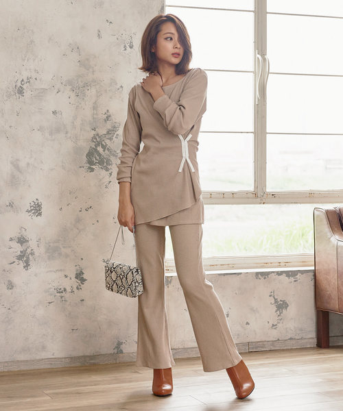 KOBE LETTUCE（コウベレタス）の「ホックデザインワンショルダータンクトップ&ロングTシャツセット【セットアップOK】（ニット/セーター・レディース・ブラック/ベージュ/パープル/グリーン・FREE）」の10枚目の写真