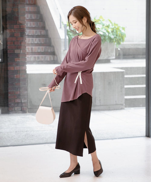 KOBE LETTUCE（コウベレタス）の「ホックデザインワンショルダータンクトップ&ロングTシャツセット【セットアップOK】（ニット/セーター・レディース・ブラック/ベージュ/パープル/グリーン・FREE）」の12枚目の写真