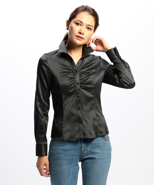 NARACAMICIE（ナラカミーチェ）の「変形千鳥ジャカードストレッチスタンドカラー長袖シャツ（シャツ/ブラウス・レディース・ブラック/ボルドー・SMALL/MEDIUM/LARGE）」の16枚目の写真