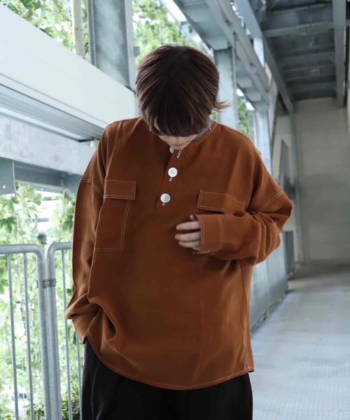 rovtski(ロフトスキー)の「CLASSIC ROVTSKI NO COL SHIRT/オーバーサイズノーカラーシャツ(シャツ/ブラウス・メンズ・ライトグレー/ライトブラウン/スミクロ・FREE)」の8枚目の写真