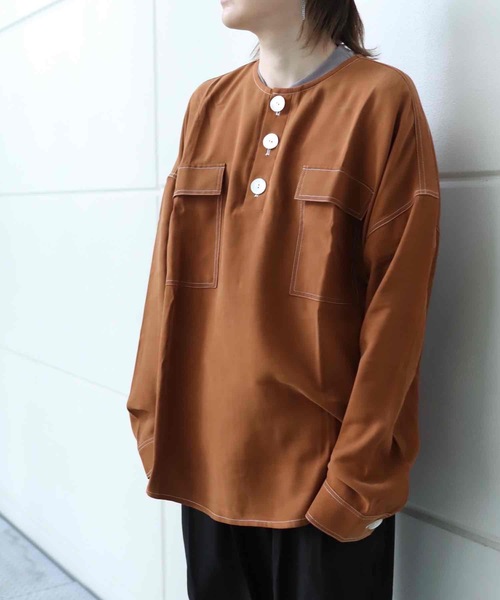rovtski(ロフトスキー)の「CLASSIC ROVTSKI NO COL SHIRT/オーバーサイズノーカラーシャツ(シャツ/ブラウス・メンズ・ライトグレー/ライトブラウン/スミクロ・FREE)」の9枚目の写真