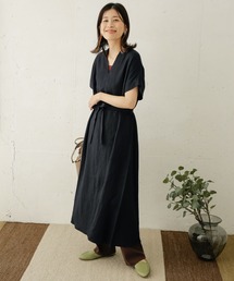 リネンレーヨンVネックワンピース