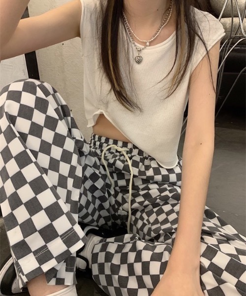 KOR（ケーオーアール）の「ブロックチェックパンツ（スラックス・レディース・ライトブラック/ベージュ・FREE）」の2枚目の写真