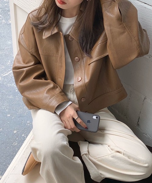 Bifrost（ビフレスト）の「フェイクレザーシャツジャケット（ライダースジャケット・レディース・ブラウン/ブラック・F）」の2枚目の写真