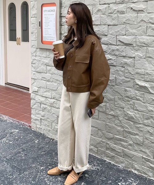 Bifrost（ビフレスト）の「フェイクレザーシャツジャケット（ライダースジャケット・レディース・ブラウン/ブラック・F）」の8枚目の写真