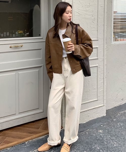 Bifrost（ビフレスト）の「フェイクレザーシャツジャケット（ライダースジャケット・レディース・ブラウン/ブラック・F）」の9枚目の写真