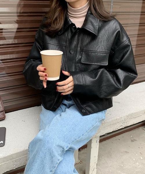 Bifrost（ビフレスト）の「フェイクレザーシャツジャケット（ライダースジャケット・レディース・ブラウン/ブラック・F）」の3枚目の写真