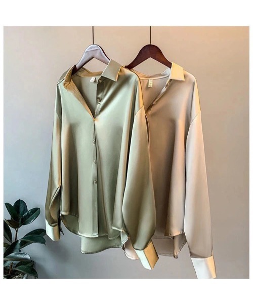 BLANC FICELLE(ブランフィセル)の「サテン シャツ(シャツ/ブラウス・レディース・ベージュ/グリーン/Off White/ブラック・SMALL/LARGE/XX-LARGE/MEDIUM/XXX-LARGE/X-LARGE)」の7枚目の写真