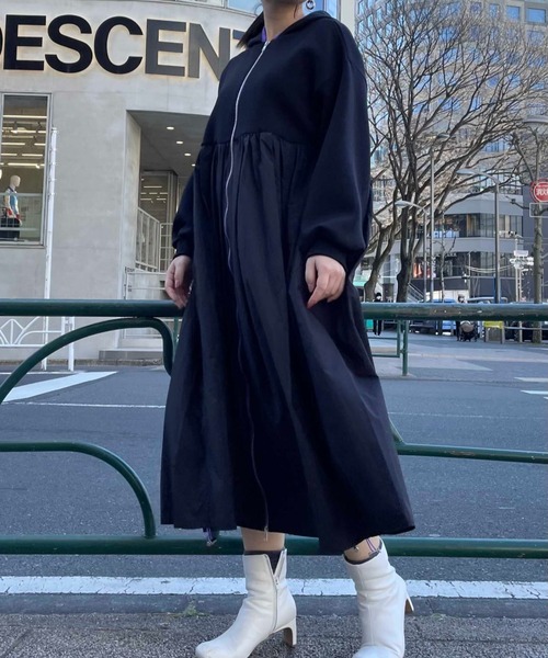 Risley（リズレー）の「【別注】Risley/リズレー/ロング切り替えパーカー（パーカー・レディース・ブラック/オフホワイト・FREE）」の8枚目の写真