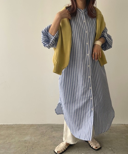 210nouve（トゥージュヌーブ）の「リネンライクストライプバンドカラーシャツワンピ（シャツワンピース・レディース・ブルー/グリーン/ブラック/オレンジ・FREE）」の3枚目の写真
