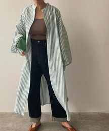 リネンライクストライプバンドカラーシャツワンピ