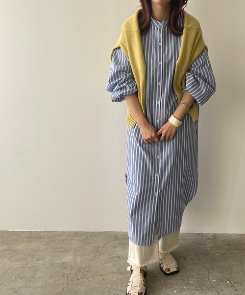 210nouve（トゥージュヌーブ）の「リネンライクストライプバンドカラーシャツワンピ（シャツワンピース・レディース・ブルー/グリーン/ブラック/オレンジ・FREE）」の11枚目の写真