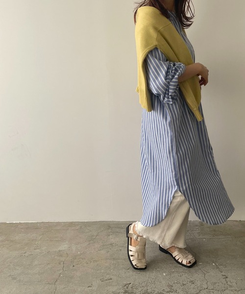 210nouve（トゥージュヌーブ）の「リネンライクストライプバンドカラーシャツワンピ（シャツワンピース・レディース・ブルー/グリーン/ブラック/オレンジ・FREE）」の12枚目の写真