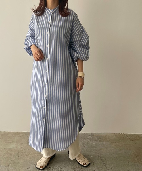 210nouve（トゥージュヌーブ）の「リネンライクストライプバンドカラーシャツワンピ（シャツワンピース・レディース・ブルー/グリーン/ブラック/オレンジ・FREE）」の13枚目の写真