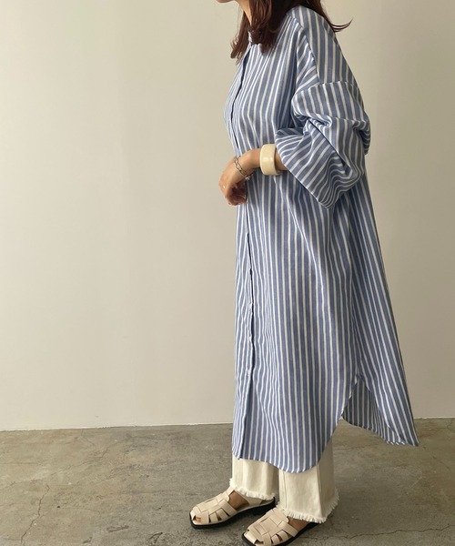 210nouve（トゥージュヌーブ）の「リネンライクストライプバンドカラーシャツワンピ（シャツワンピース・レディース・ブルー/グリーン/ブラック/オレンジ・FREE）」の14枚目の写真