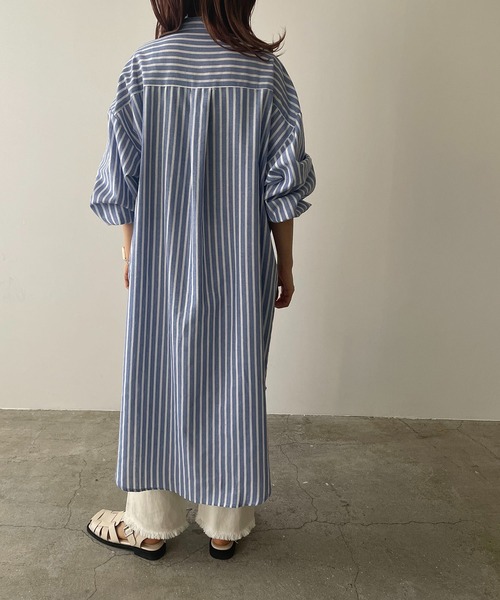 210nouve（トゥージュヌーブ）の「リネンライクストライプバンドカラーシャツワンピ（シャツワンピース・レディース・ブルー/グリーン/ブラック/オレンジ・FREE）」の15枚目の写真