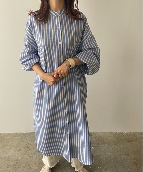 210nouve（トゥージュヌーブ）の「リネンライクストライプバンドカラーシャツワンピ（シャツワンピース・レディース・ブルー/グリーン/ブラック/オレンジ・FREE）」の16枚目の写真