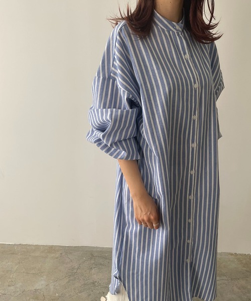 210nouve（トゥージュヌーブ）の「リネンライクストライプバンドカラーシャツワンピ（シャツワンピース・レディース・ブルー/グリーン/ブラック/オレンジ・FREE）」の17枚目の写真
