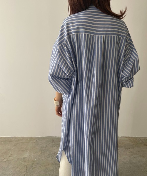210nouve（トゥージュヌーブ）の「リネンライクストライプバンドカラーシャツワンピ（シャツワンピース・レディース・ブルー/グリーン/ブラック/オレンジ・FREE）」の18枚目の写真