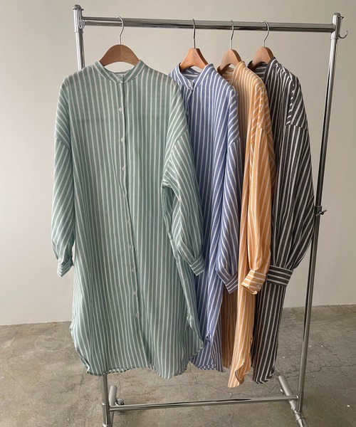 210nouve（トゥージュヌーブ）の「リネンライクストライプバンドカラーシャツワンピ（シャツワンピース・レディース・ブルー/グリーン/ブラック/オレンジ・FREE）」の9枚目の写真