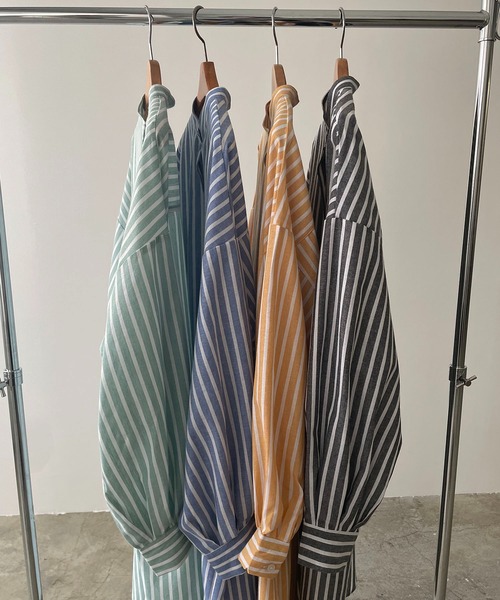 210nouve（トゥージュヌーブ）の「リネンライクストライプバンドカラーシャツワンピ（シャツワンピース・レディース・ブルー/グリーン/ブラック/オレンジ・FREE）」の10枚目の写真