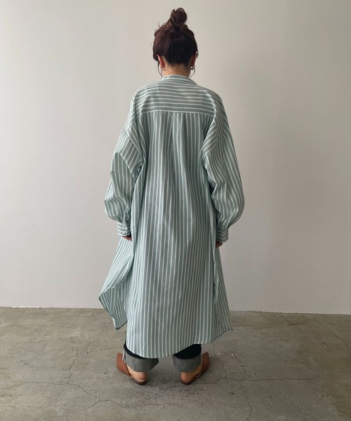 210nouve（トゥージュヌーブ）の「リネンライクストライプバンドカラーシャツワンピ（シャツワンピース・レディース・ブルー/グリーン/ブラック/オレンジ・FREE）」の22枚目の写真