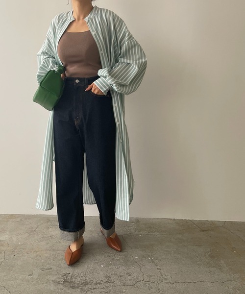 210nouve（トゥージュヌーブ）の「リネンライクストライプバンドカラーシャツワンピ（シャツワンピース・レディース・ブルー/グリーン/ブラック/オレンジ・FREE）」の20枚目の写真