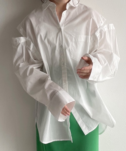 w closet（ダブルクローゼット）の「2WAYスリーブオーバーシャツ（シャツ/ブラウス・レディース・オフホワイト/グリーン/ホワイト×ブルー・FREE）」の12枚目の写真