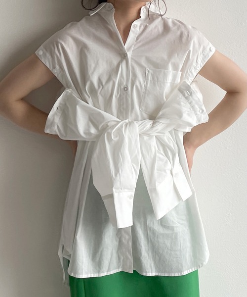 w closet（ダブルクローゼット）の「2WAYスリーブオーバーシャツ（シャツ/ブラウス・レディース・オフホワイト/グリーン/ホワイト×ブルー・FREE）」の4枚目の写真