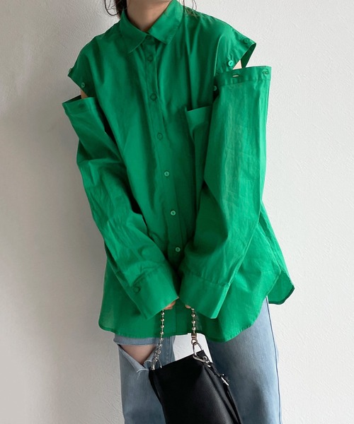 w closet（ダブルクローゼット）の「2WAYスリーブオーバーシャツ（シャツ/ブラウス・レディース・オフホワイト/グリーン/ホワイト×ブルー・FREE）」の5枚目の写真