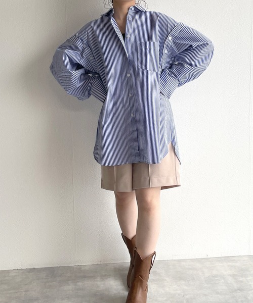 w closet（ダブルクローゼット）の「2WAYスリーブオーバーシャツ（シャツ/ブラウス・レディース・オフホワイト/グリーン/ホワイト×ブルー・FREE）」の10枚目の写真