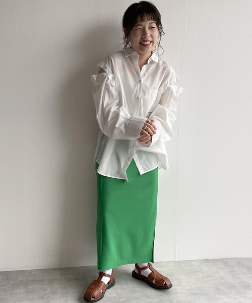 w closet（ダブルクローゼット）の「2WAYスリーブオーバーシャツ（シャツ/ブラウス・レディース・オフホワイト/グリーン/ホワイト×ブルー・FREE）」の21枚目の写真