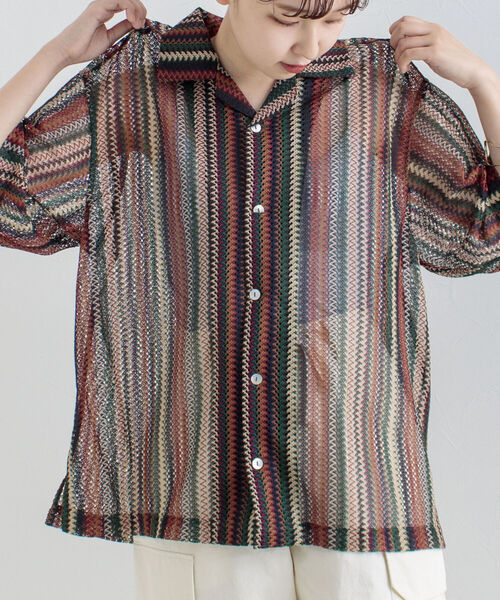 GLOSTER（グロスター）の「【GLOSTER/グロスター】マルチストライプ ニットレース バルファスレース オープンカラーシャツ メッシュニット（シャツ/ブラウス・メンズ・ブラウン系その他/ブルー系その他/オレンジ系その他・MEDIUM/LARGE）」の2枚目の写真