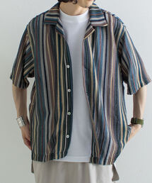 GLOSTER | 【GLOSTER/グロスター】マルチストライプ ニットレース バルファスレース オープンカラーシャツ メッシュニット(シャツ/ブラウス)