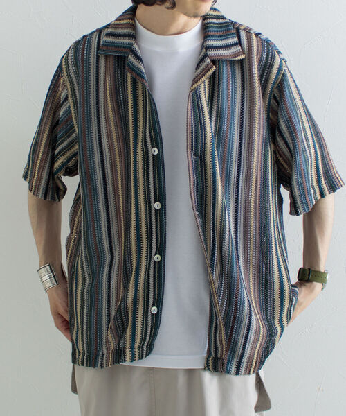 GLOSTER（グロスター）の「【GLOSTER/グロスター】マルチストライプ ニットレース バルファスレース オープンカラーシャツ メッシュニット（シャツ/ブラウス・メンズ・ブラウン系その他/ブルー系その他/オレンジ系その他・MEDIUM/LARGE）」の3枚目の写真