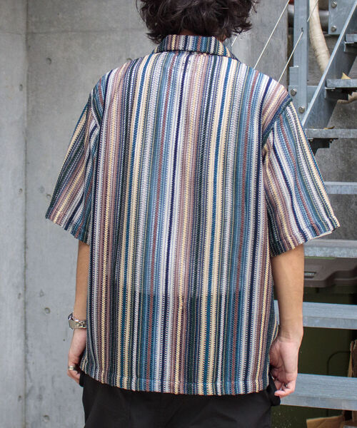 GLOSTER（グロスター）の「【GLOSTER/グロスター】マルチストライプ ニットレース バルファスレース オープンカラーシャツ メッシュニット（シャツ/ブラウス・メンズ・ブラウン系その他/ブルー系その他/オレンジ系その他・MEDIUM/LARGE）」の5枚目の写真