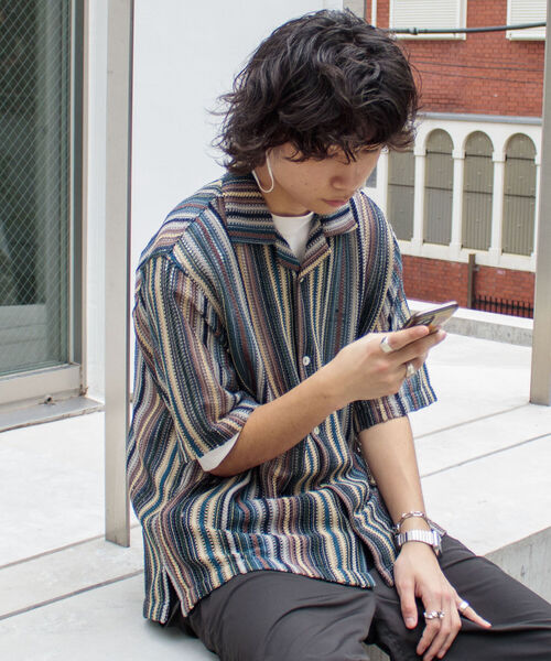 GLOSTER（グロスター）の「【GLOSTER/グロスター】マルチストライプ ニットレース バルファスレース オープンカラーシャツ メッシュニット（シャツ/ブラウス・メンズ・ブラウン系その他/ブルー系その他/オレンジ系その他・MEDIUM/LARGE）」の12枚目の写真